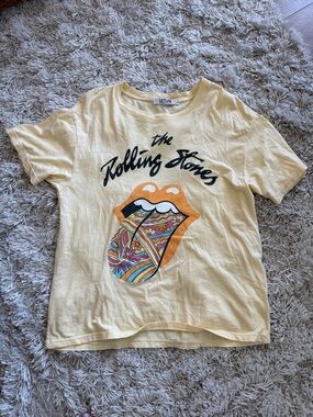Letluv by Anthropologie Yellow Rolling Stones Graphic Short Sleeve Tee